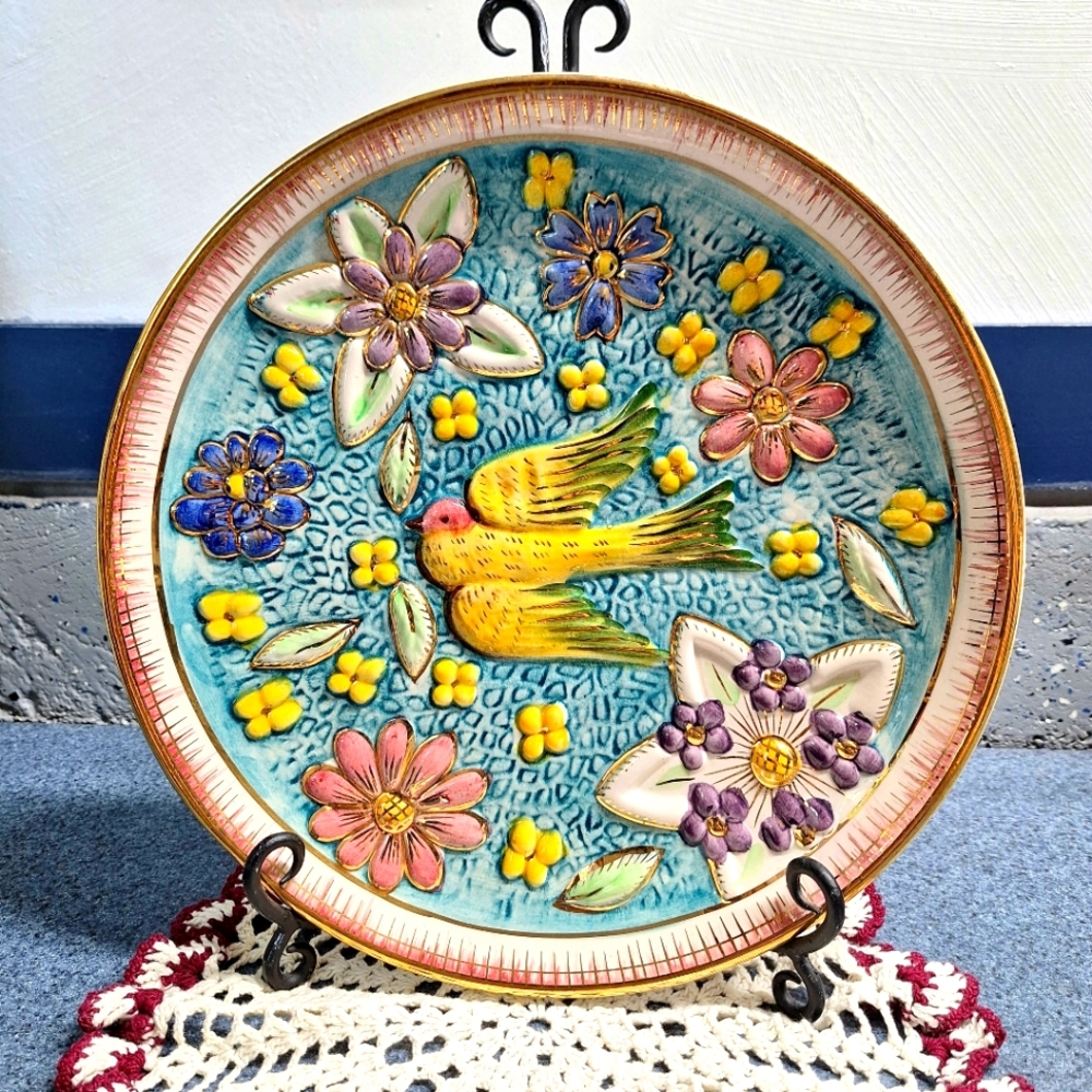 Vintage Ceramic H Bequet Quaregnon Majolica Hand Painted Gold Plated Plate #11